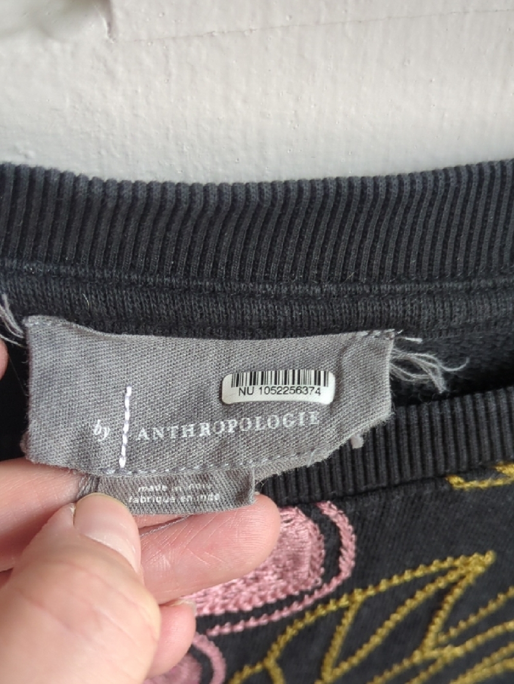 Anthropologie Black Pullover Sweatshirt with Pink & Gold Floral Embroidery - Picture 3 of 7